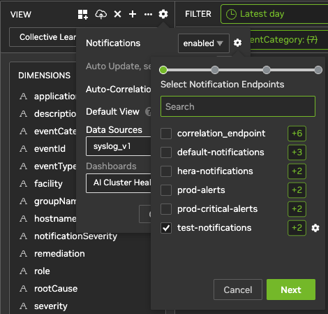 menu displaying notification endpoints