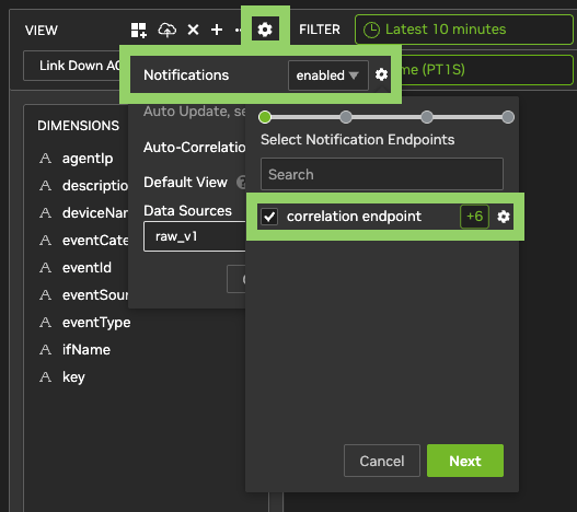 notifications menu displaying correlation endpoint selection
