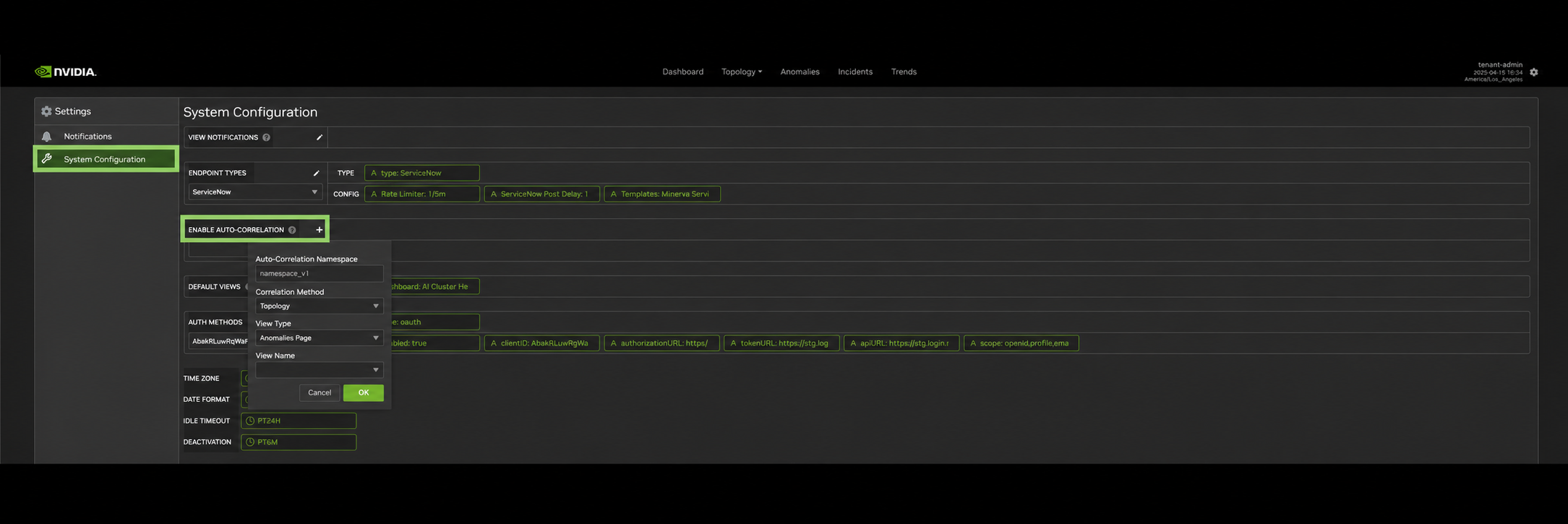Settings menu with auto-correlation menu