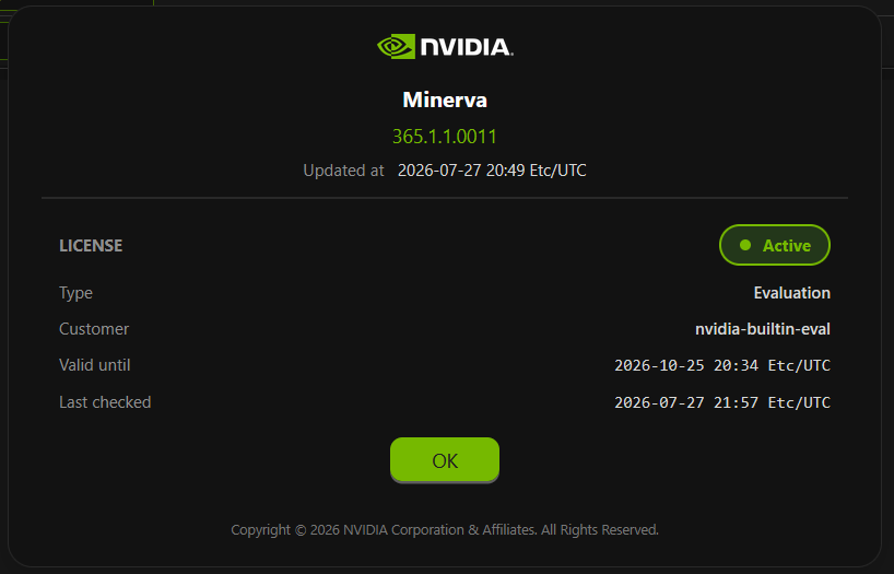 active NVIDIA Minerva license in UI